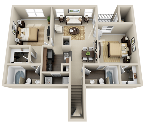 Floor plan for 2 beds, 2 baths, 1107 sqft